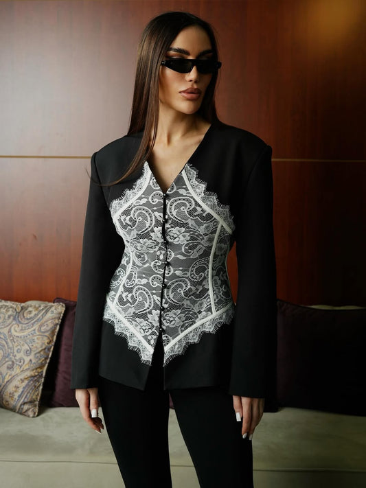 Lace Detail and V-Neck Design Blazer