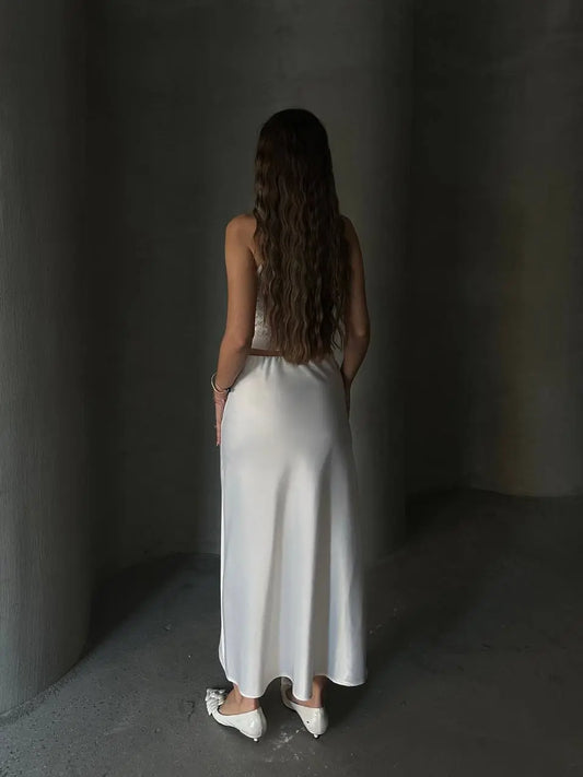 White Midi Length Satin Skirt