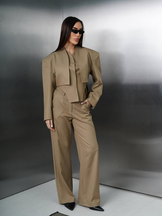 Elegant Khaki Beige 2 Piece Suit
