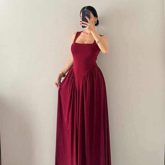 Square Neck Strap Long Dress with Waist Detail