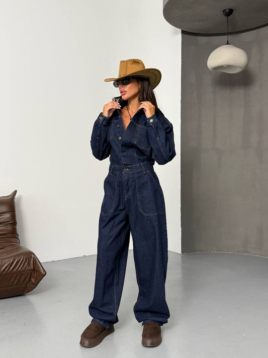 جمبسوت جينز أزرق داكن بأكمام طويلة بتصميم باراف