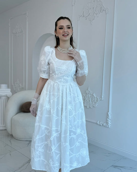 White Balloon Sleeve Embroidered Dress