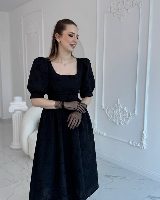Black Balloon Sleeve Embroidered Dress