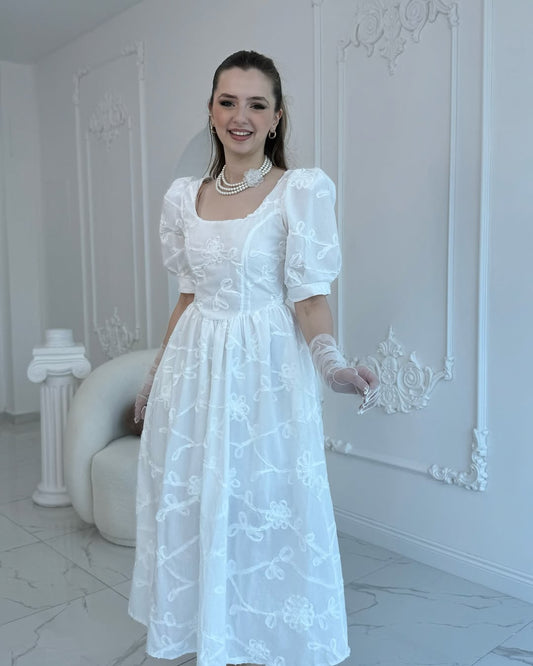 White Balloon Sleeve Embroidered Dress