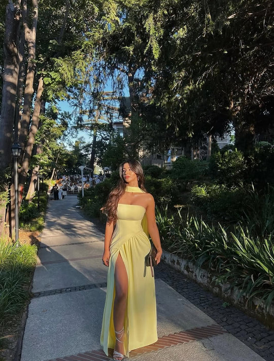 Yellow Trendy Scarf Strapless Dress