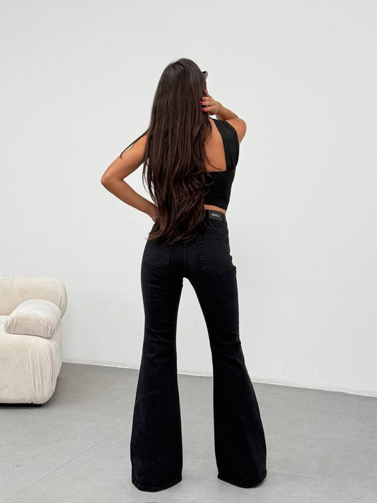 High Waist New Wide Leg Elastic Slim Stitching Denim Flared Jeans