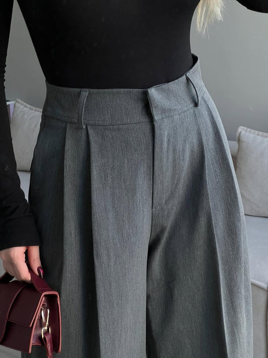 Gray Pleated Front Stripe Detailed Trousers