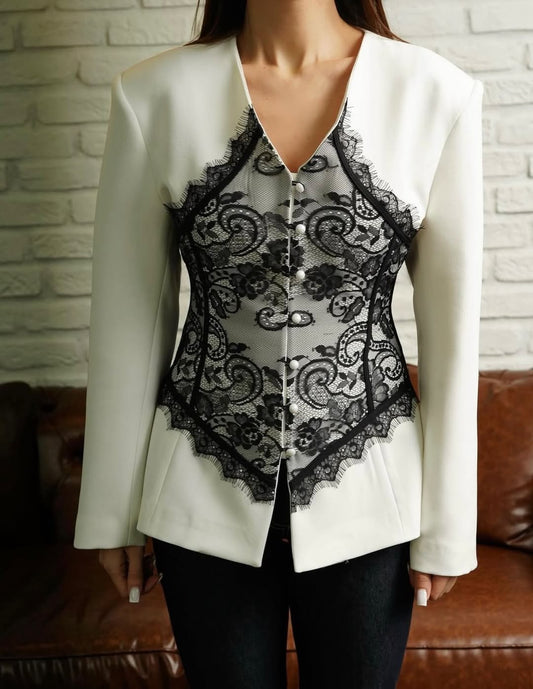Lace Detail and V-Neck Design Blazer