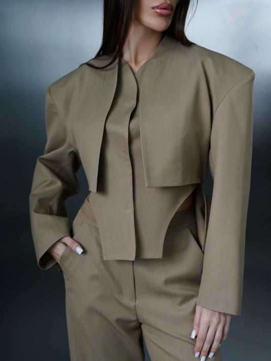 Elegant Khaki Beige 2 Piece Suit