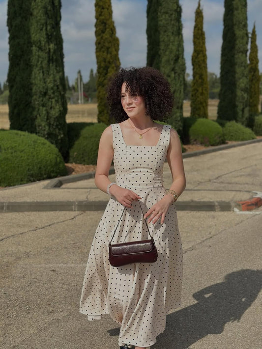 Beige Polka Dot with Back Tie Detail Dress
