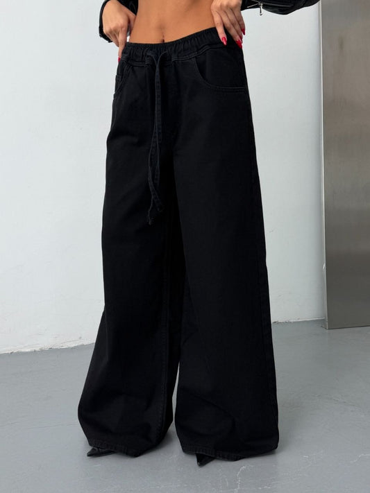 Avery Black Drawstring Wide-Leg Jeans