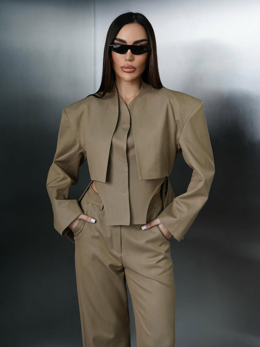 Elegant Khaki Beige Three Piece Suit