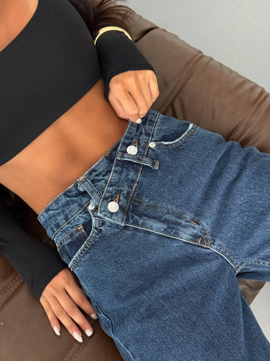 Dark Blue Jeans with Cross Buttons