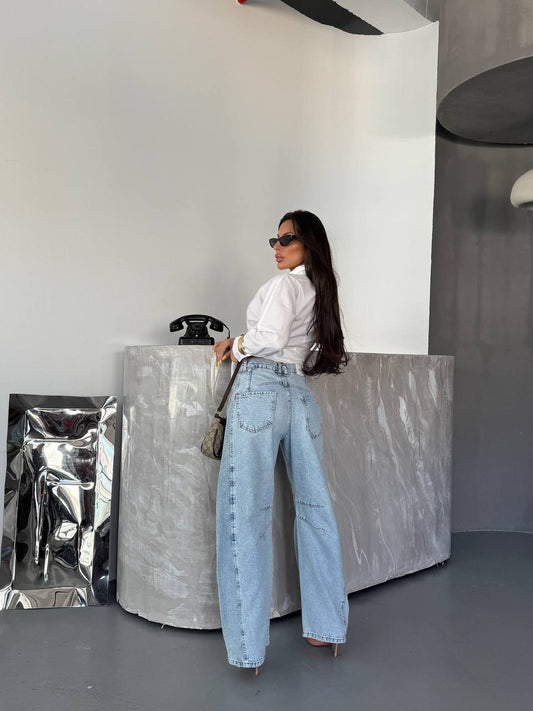 HerTon Baby Blue Wide Leg Ripped Denim Pants