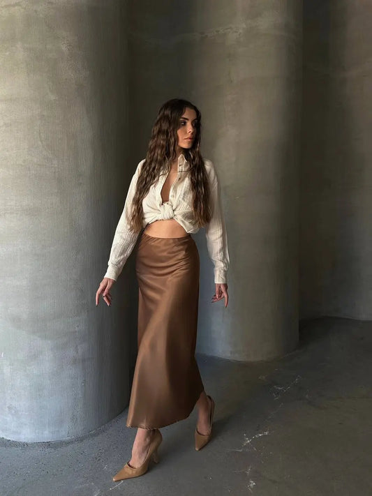 Brown Midi Length Satin Skirt