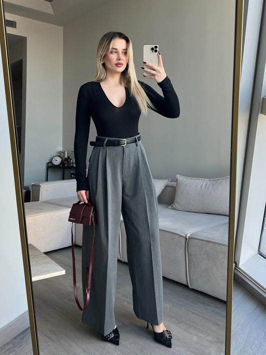 Gray Pleated Front Stripe Detailed Trousers