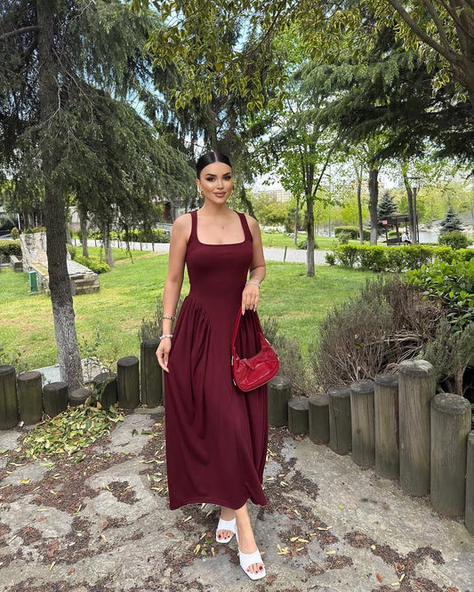 Square Neck Strap Long Dress with Waist Detail