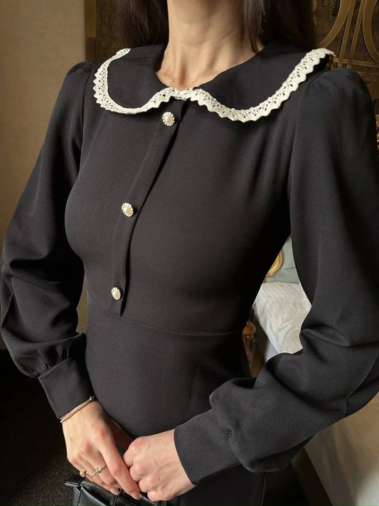 BLACK MIDI DRESS WITH LACE COLLAR AND PEARL BUTTONS