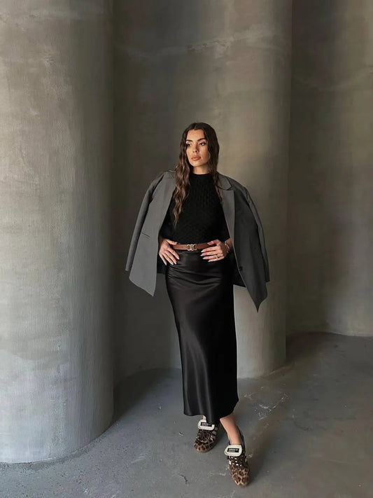 Black Midi Length Satin Skirt