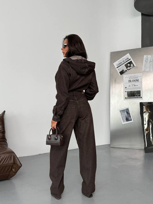 Paraf style Brown Long Sleeve Denim Jumpsuit
