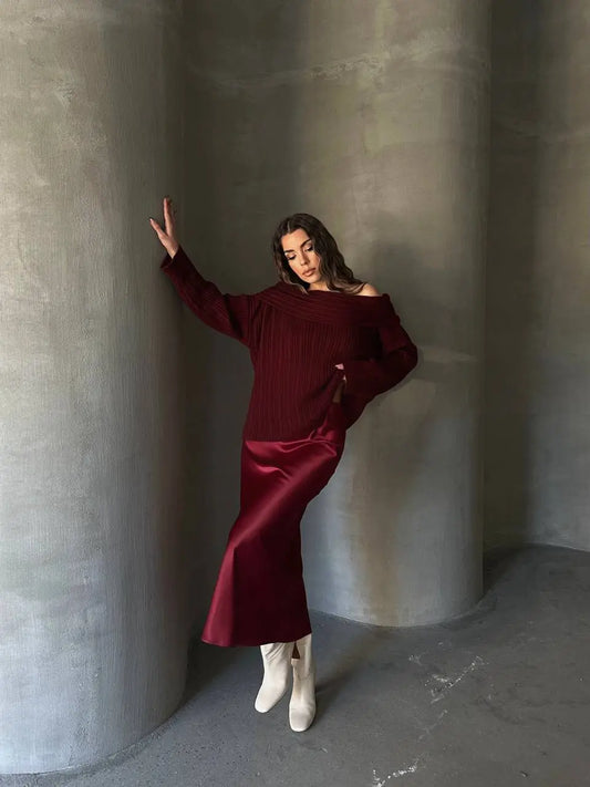 Bordo Midi Length Satin Skirt