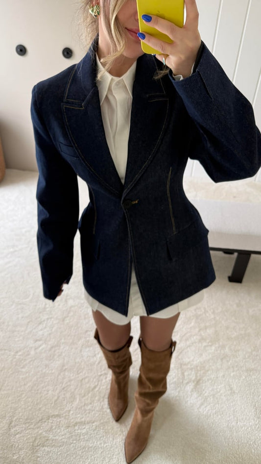PREMIUM WAISTED DENIM BLAZER JACKET