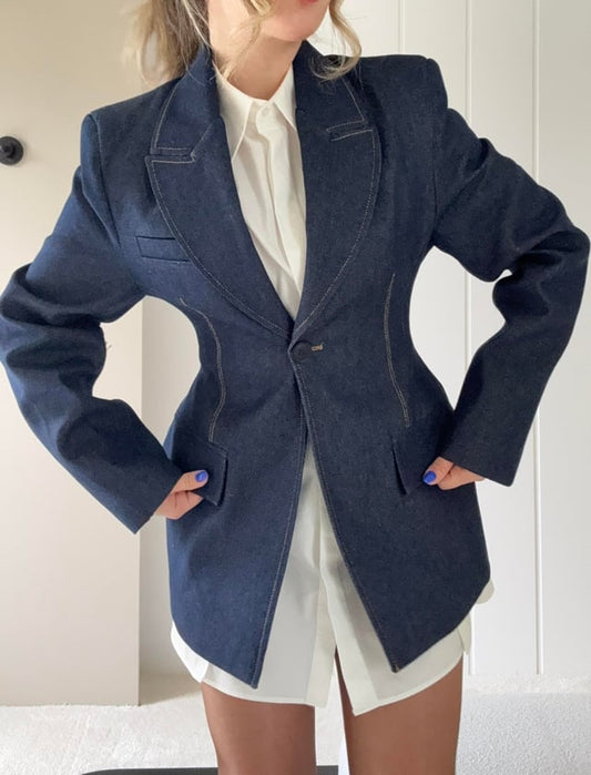 PREMIUM WAISTED DENIM BLAZER JACKET