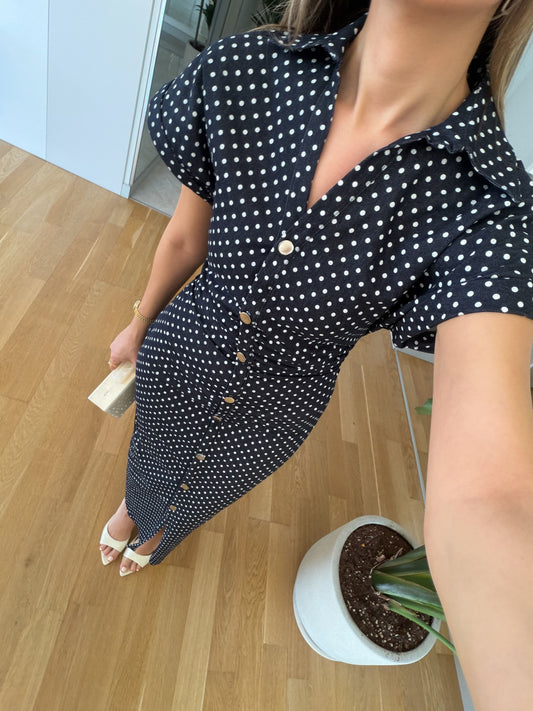 Navy Blue Polka Dot Polo Collar Denim with Belted Waist Dress