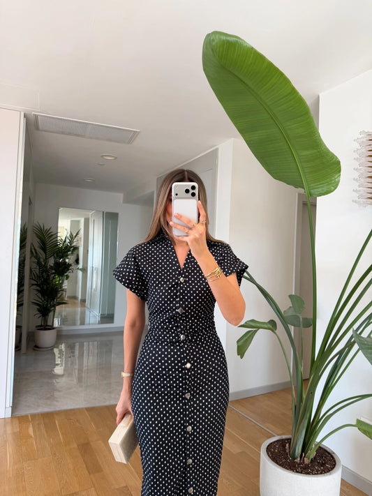 Navy Blue Polka Dot Polo Collar Denim with Belted Waist Dress