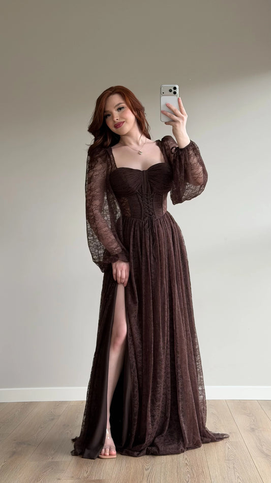 Romance Brown Lace Evening Dress
