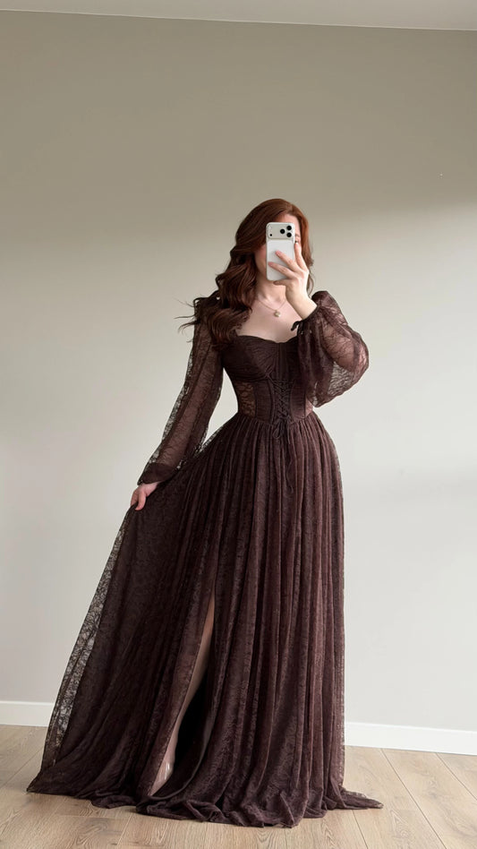 Romance Brown Lace Evening Dress
