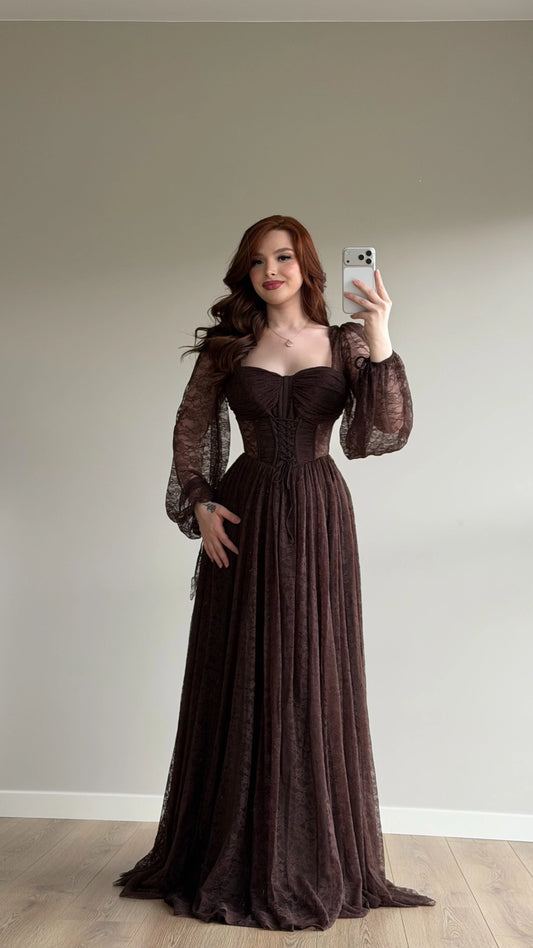 Romance Brown Lace Evening Dress