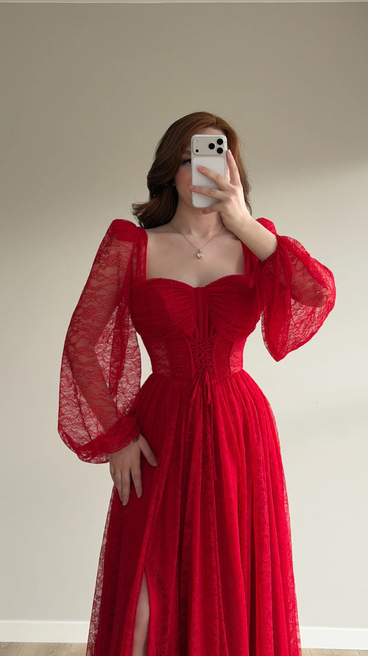 Romance Red Lace Evening Dress