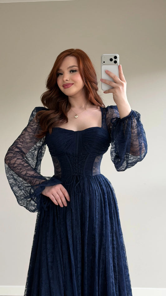 Romance Navy Blue Lace Evening Dress