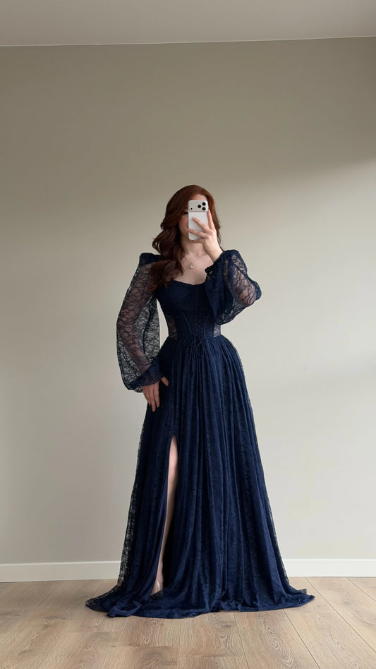 Romance Navy Blue Lace Evening Dress