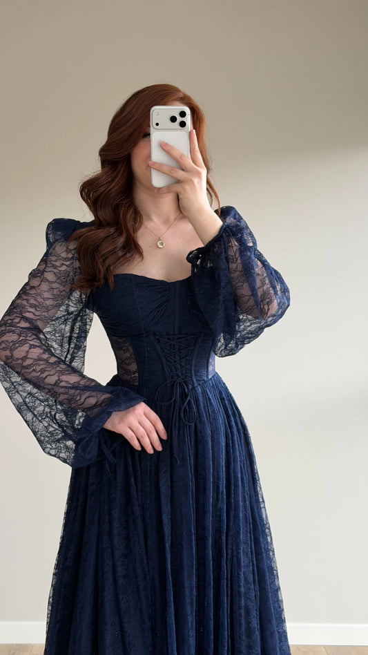 Romance Navy Blue Lace Evening Dress