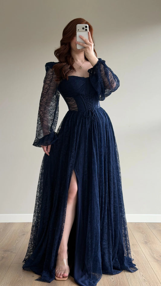 Romance Navy Blue Lace Evening Dress