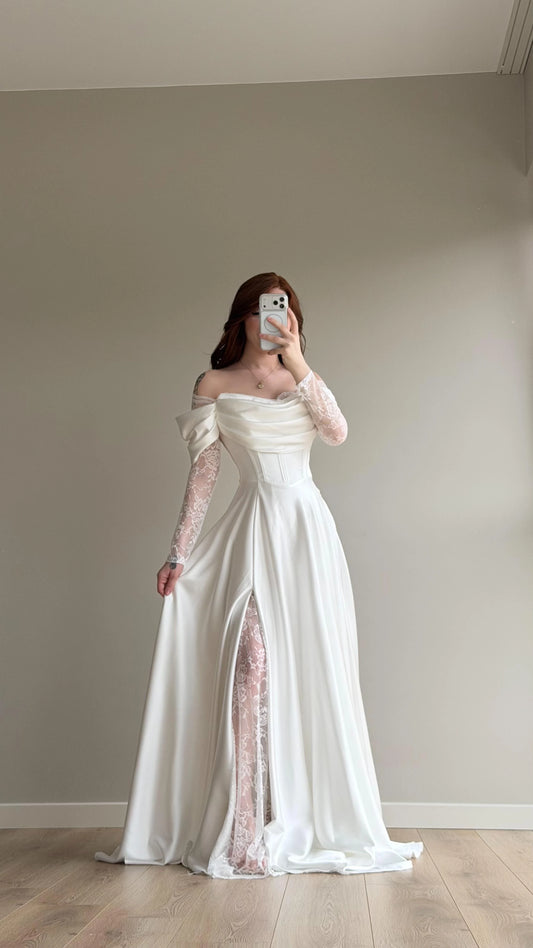Royal White Evening with Lace Details Dress