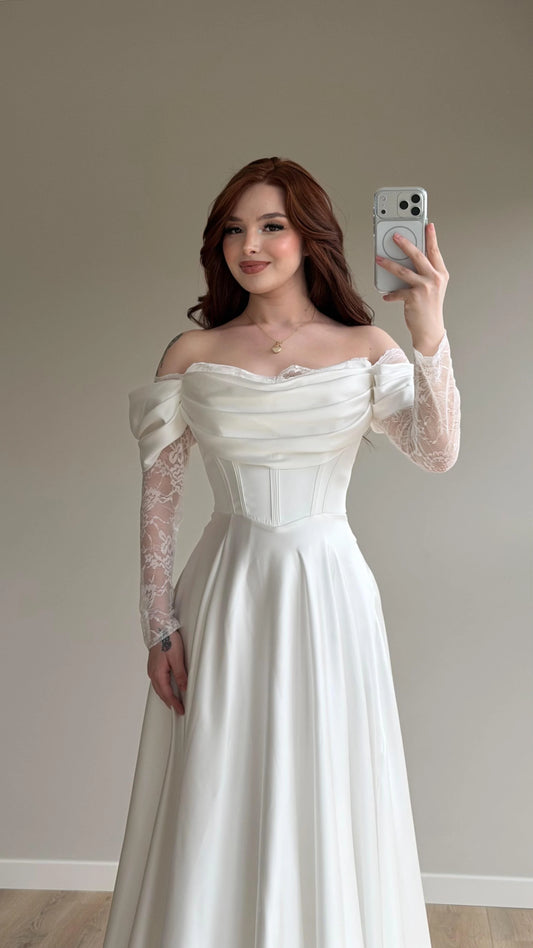 Royal White Evening with Lace Details Dress