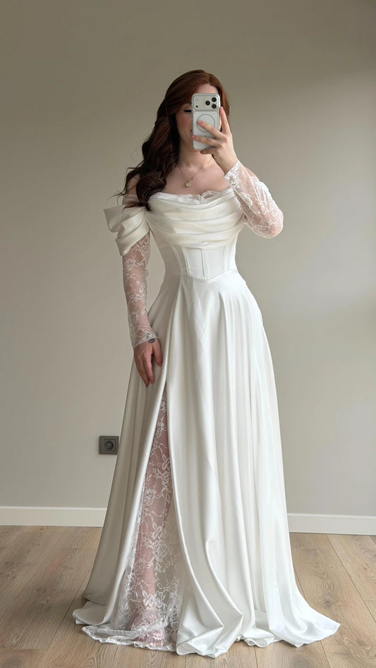 Royal White Evening with Lace Details Dress