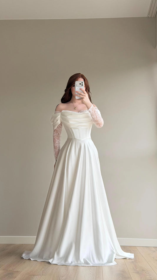 Royal White Evening with Lace Details Dress