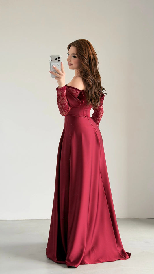Royal Burgundy Evening with Lace Details Dress
