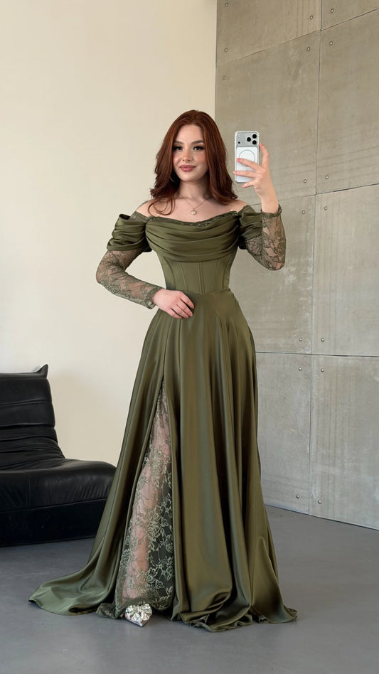 Royal Khaki Green Evening with Lace Details Dress