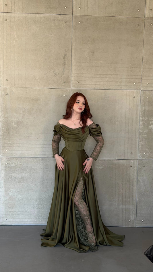 Royal Khaki Green Evening with Lace Details Dress