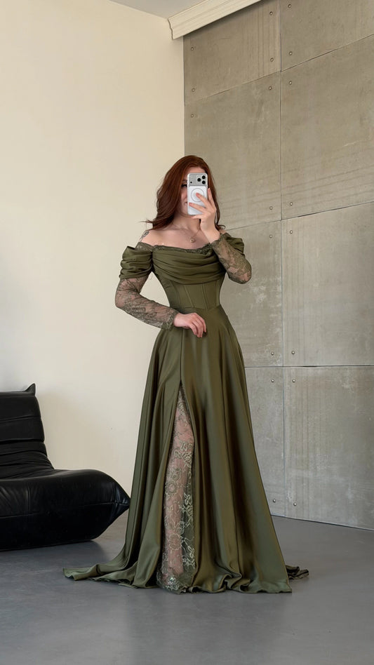 Royal Khaki Green Evening with Lace Details Dress