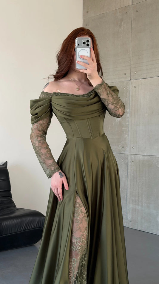 Royal Khaki Green Evening with Lace Details Dress