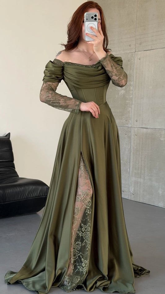 Royal Khaki Green Evening with Lace Details Dress