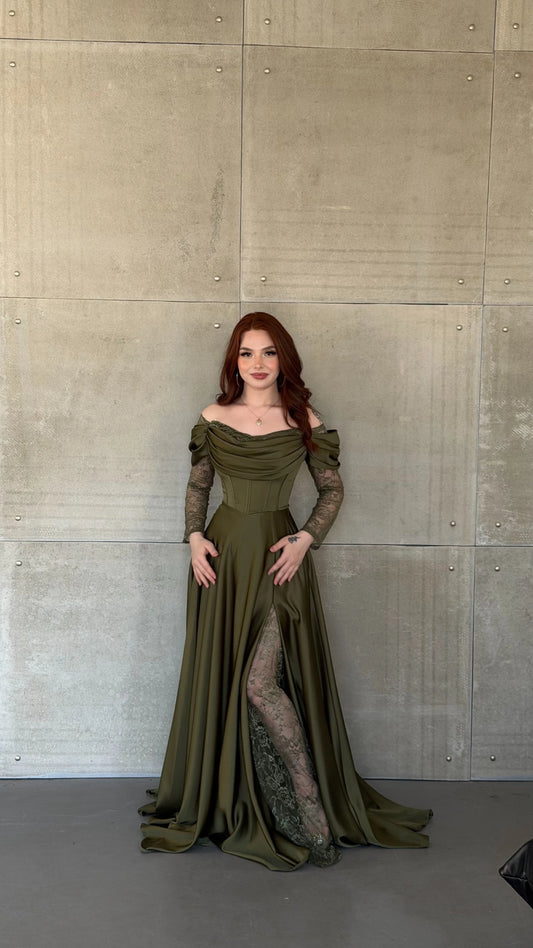 Royal Khaki Green Evening with Lace Details Dress
