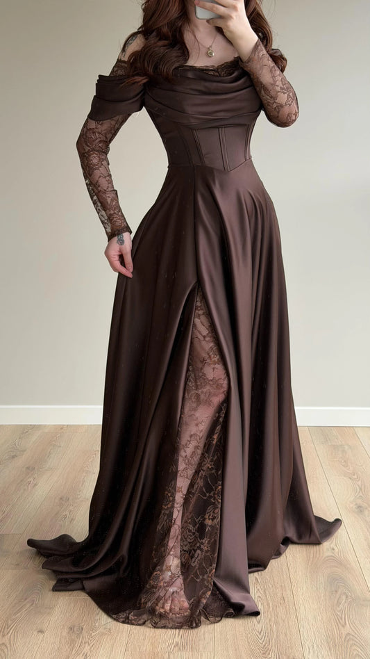 Royal Brown Evening with Lace Details Dress