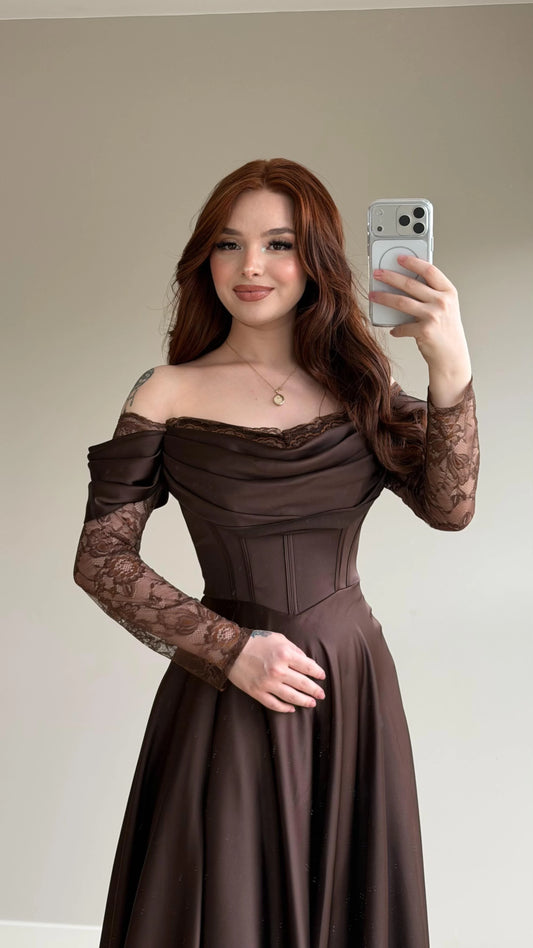 Royal Brown Evening with Lace Details Dress